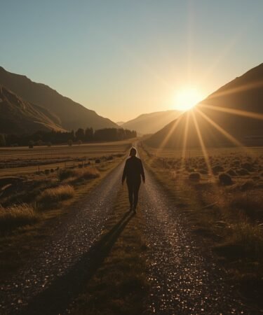 Persona caminando por un valle iluminado por la luz del amanecer representando el mensaje del Salmo 23:4 sobre la protección y compañía de Dios.