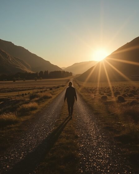 Persona caminando por un valle iluminado por la luz del amanecer representando el mensaje del Salmo 23:4 sobre la protección y compañía de Dios.