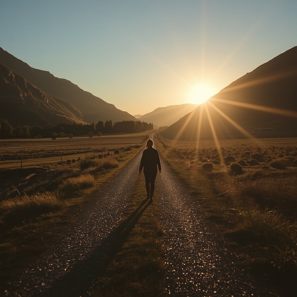 Persona caminando por un valle iluminado por la luz del amanecer representando el mensaje del Salmo 23:4 sobre la protección y compañía de Dios.