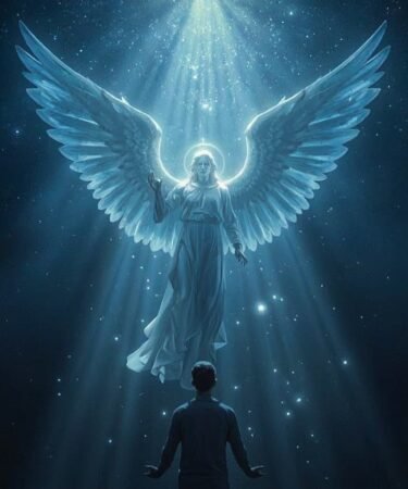Ángel de la Guarda celestial con grandes alas azules brillantes protegiendo a una persona, símbolo de protección divina, consuelo espiritual y compañía en la fe cristiana.