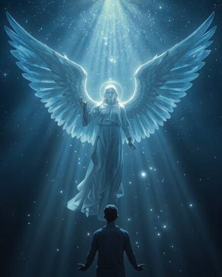 Ángel de la Guarda celestial con grandes alas azules brillantes protegiendo a una persona, símbolo de protección divina, consuelo espiritual y compañía en la fe cristiana.