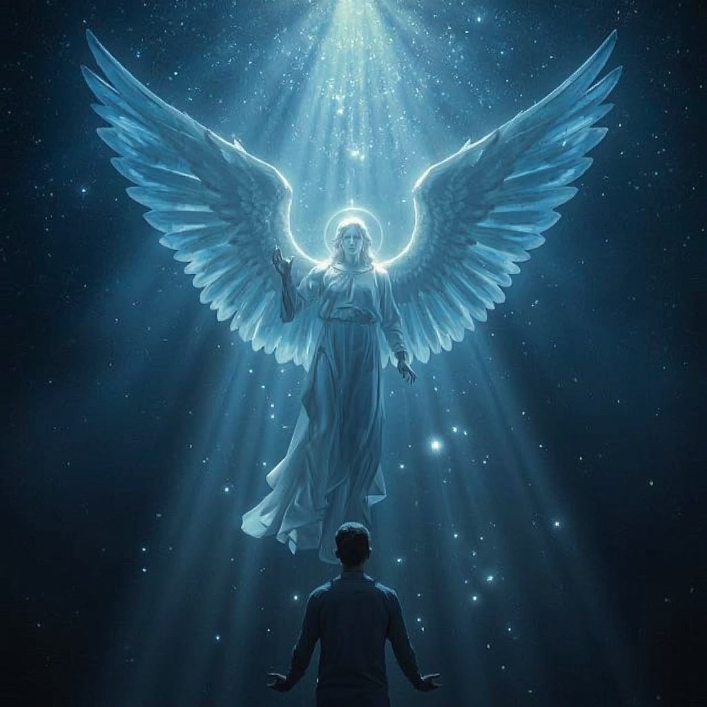 Ángel de la Guarda celestial con grandes alas azules brillantes protegiendo a una persona, símbolo de protección divina, consuelo espiritual y compañía en la fe cristiana.