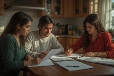 Familia revisando documentos de impuestos en casa