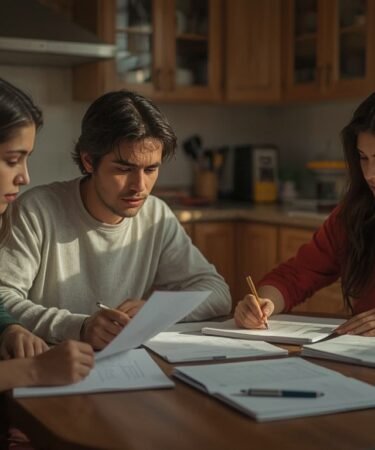 Familia revisando documentos de impuestos en casa