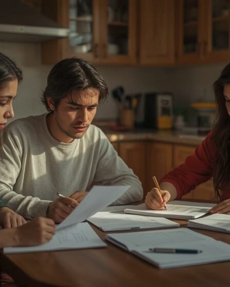 Familia revisando documentos de impuestos en casa