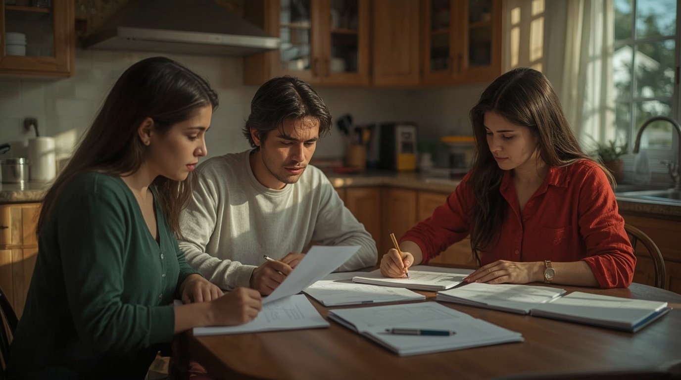 Familia revisando documentos de impuestos en casa