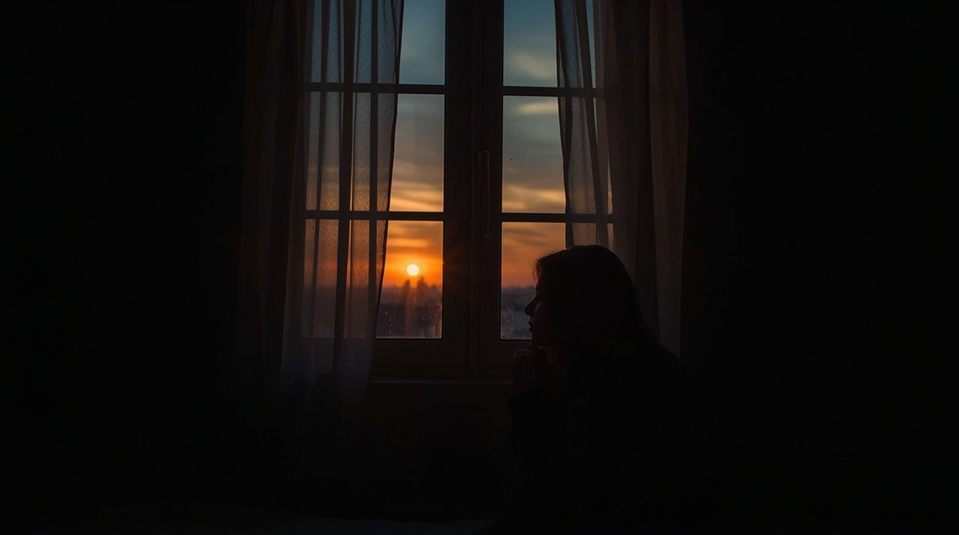 Persona orando en soledad junto a una ventana al atardecer