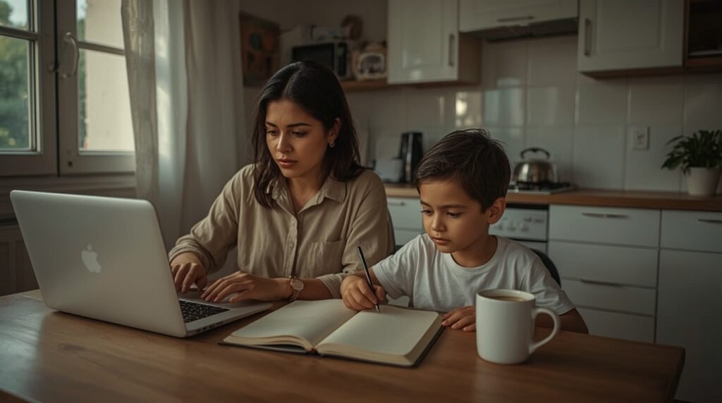 Mujer trabajando desde casa en su laptop